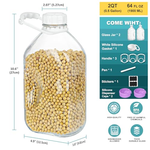 Ritayedet 2 Pack 64 Oz Heavy Duty Glass Milk Bottle with 1 Silicone Spout and 3 Reusable Airtight SCREW LID, 2 Qt Glass Water Bottle with 2 Exact Scale Lines - Milk Jug Pitcher - 1/2 Gal Juice Bottles - Image 4