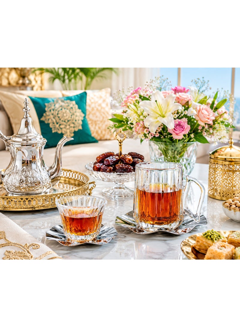 دانيا ☕✨ طقم فناجين شاي وقهوة زجاج فاخر 18 قطعة مع صحون ستانلس ستيل | تصميم عصري أنيق للضيافة والمناسبات 💎🏡 - Image 1