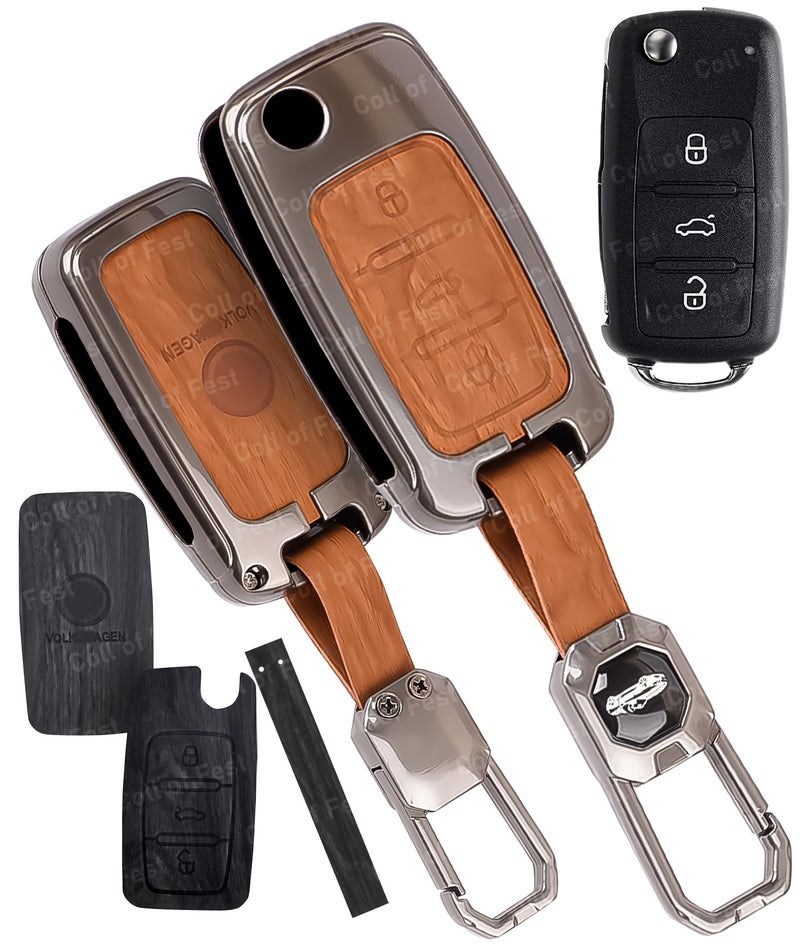 Coll of Fest Car Key Cover Compatible with Polo Vento Jetta Ameo Passat and Skoda Rapid Laura Superb Octavia Fabia Yeti 3-Button Smart Flip Key (Chrome Metal Silicone) - Image 1