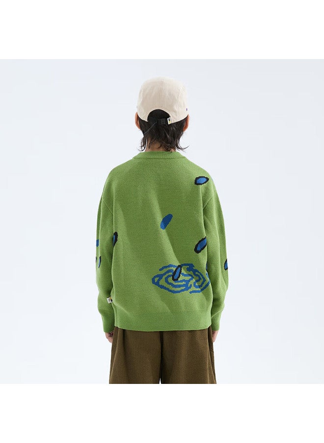MIPO Mipu [warm Wool] Children's Autumn Winter New Fun Monster Jacquard Sweater Avocado Green 160cm - Image 2