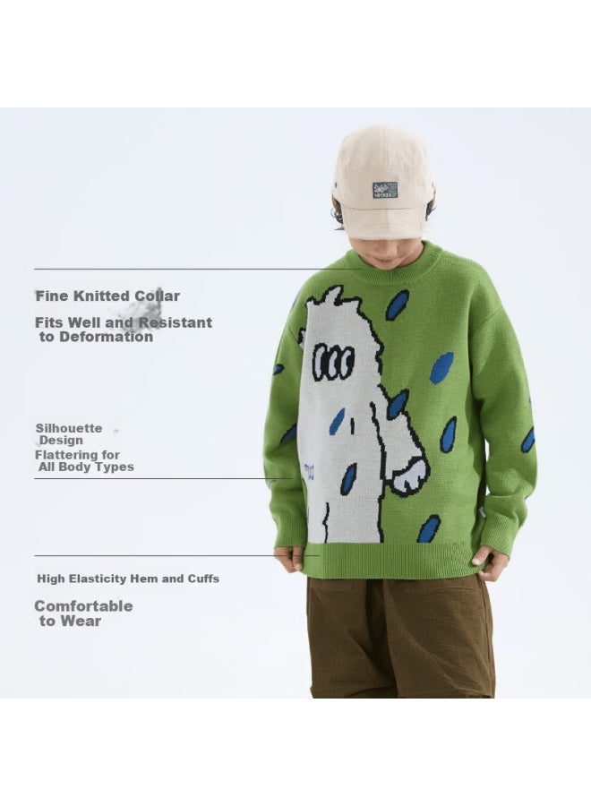 MIPO Mipu [warm Wool] Children's Autumn Winter New Fun Monster Jacquard Sweater Avocado Green 160cm - Image 3