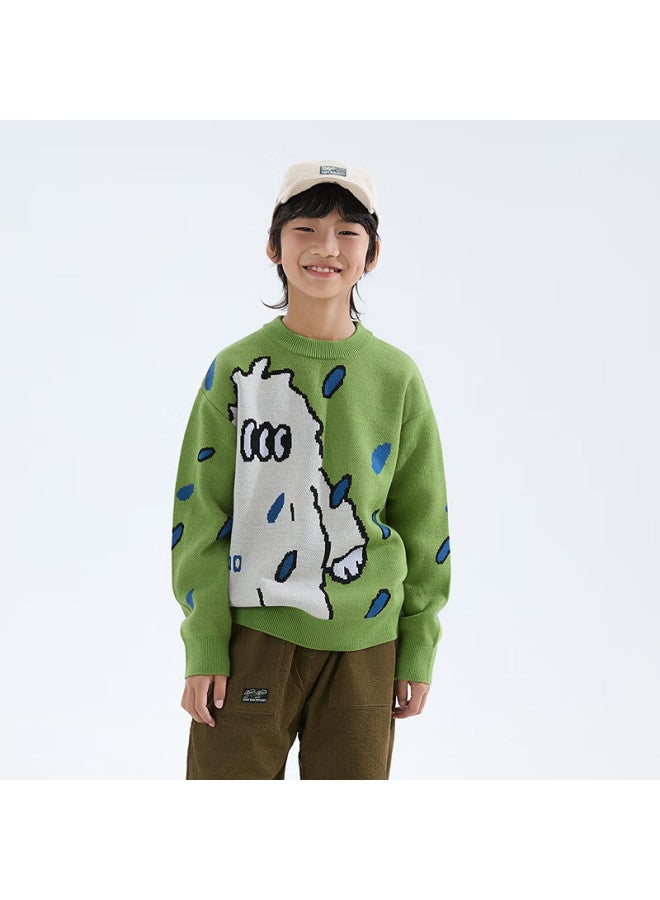 MIPO Mipu [warm Wool] Children's Autumn Winter New Fun Monster Jacquard Sweater Avocado Green 160cm - Image 1