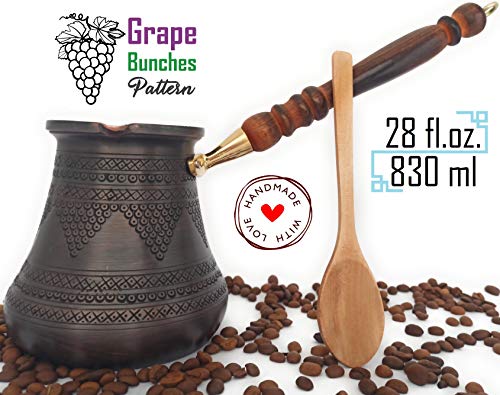 DEDE Copper - PCZ Series (XXLarge-28fl.oz) - Thickest Solid Copper Engraved/Hammered Turkish Greek Arabic Coffee Pot with Wooden Handle, Stovetop Coffee Maker Cezve,Jezve,Jazva,Ibrik,Briki (Antique) - Image 2