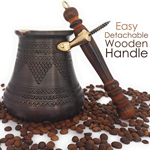 DEDE Copper - PCZ Series (XXLarge-28fl.oz) - Thickest Solid Copper Engraved/Hammered Turkish Greek Arabic Coffee Pot with Wooden Handle, Stovetop Coffee Maker Cezve,Jezve,Jazva,Ibrik,Briki (Antique) - Image 3