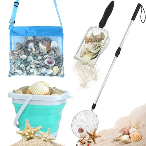 FETHWOIN Shark Tooth Sifter Beach Sand Sifter Sea Shell Scooper for Beach Shell BagsFoldable Bucket Sand Beach Toys for Kids 6 8 10 12 Medium Blue - Image 1