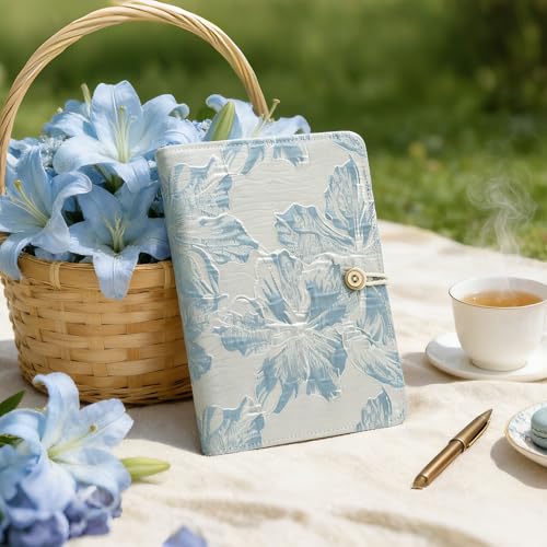 ipoul Blue Notebook, Refillable Journal, A5 Binder 6 Ring, Ruled Notebook, Lined Paper, Embroidery Fabric Cover, 6"x8", Budget Binder, Planner Binder, Travel Diary, Journal for Women, Lily Flower - Image 2