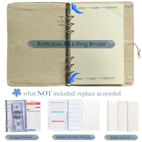 ipoul Blue Notebook, Refillable Journal, A5 Binder 6 Ring, Ruled Notebook, Lined Paper, Embroidery Fabric Cover, 6"x8", Budget Binder, Planner Binder, Travel Diary, Journal for Women, Lily Flower - Image 5