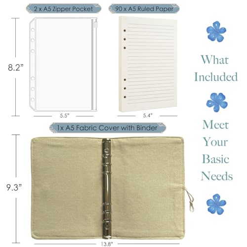 ipoul Blue Notebook, Refillable Journal, A5 Binder 6 Ring, Ruled Notebook, Lined Paper, Embroidery Fabric Cover, 6"x8", Budget Binder, Planner Binder, Travel Diary, Journal for Women, Lily Flower - Image 4