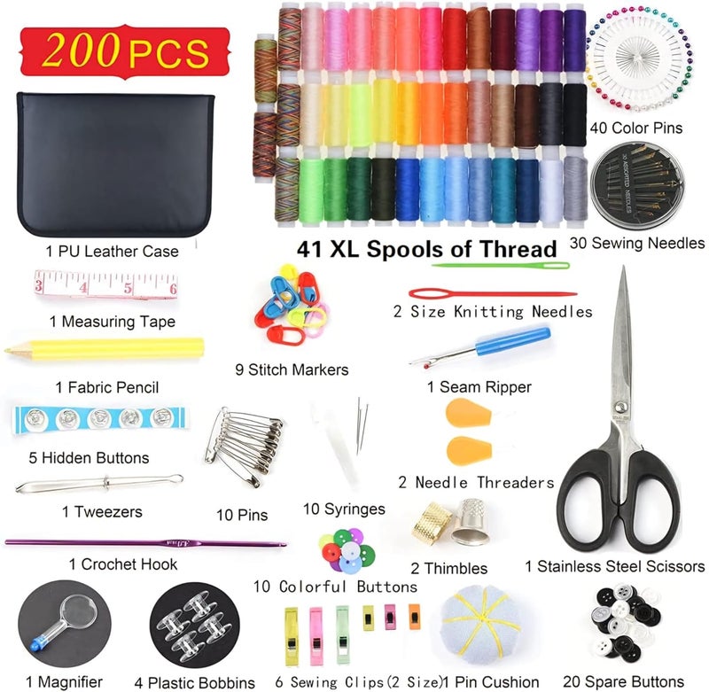 RIANZ 200 pcs Sewing Kit for Adults, Needle and Thread Kit for Sewing,Professional Sewing Supplies Accessories with Tailor Scissors, 43XL Thread, 30 Needles, Thread Snips and More for Travel Home Beginners (Style - 1) - Image 1