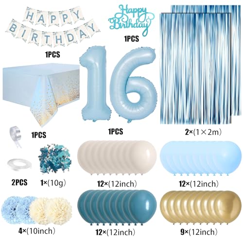 KISPATTI Sweet 16 Party Decorations Light Blue 16th Birthday Decorations for Girls Boy 16th Happy Birthday Banner Tablecloth Fringe Curtain Cake Topper Paper Pom Poms for Girl Boys Sweet 16 Birthday Decor - Image 5