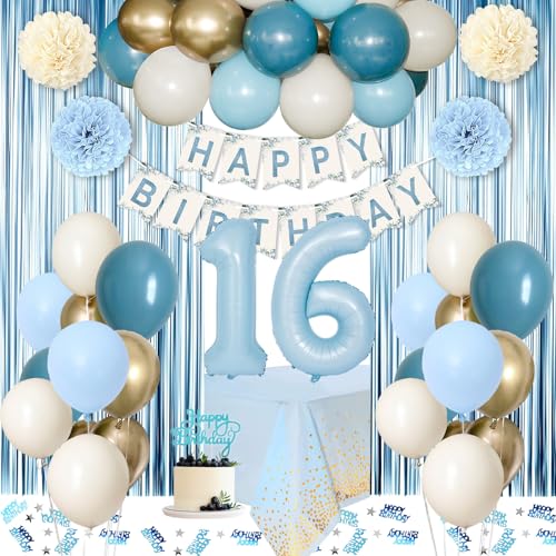 KISPATTI Sweet 16 Party Decorations Light Blue 16th Birthday Decorations for Girls Boy 16th Happy Birthday Banner Tablecloth Fringe Curtain Cake Topper Paper Pom Poms for Girl Boys Sweet 16 Birthday Decor - Image 1