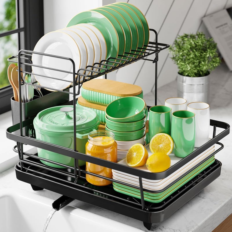 Kitsure 2-Tier Dish Drying Rack for Kitchen Counter, Stainless Steel Dish Drainer with Drainboard & Cutlery Holder, Kitchen Sink Organizer for Plates and Bowls, Black, 30 × 39 × 31 cm - Image 1