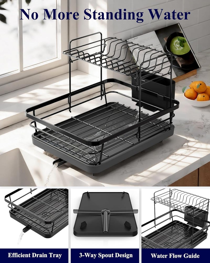 Kitsure 2-Tier Dish Drying Rack for Kitchen Counter, Stainless Steel Dish Drainer with Drainboard & Cutlery Holder, Kitchen Sink Organizer for Plates and Bowls, Black, 30 × 39 × 31 cm - Image 4