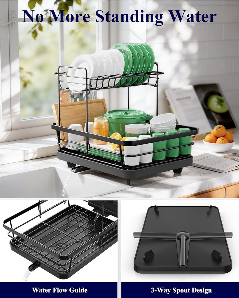 Kitsure 2-Tier Dish Drying Rack for Kitchen Counter, Stainless Steel Dish Drainer with Drainboard & Cutlery Holder, Kitchen Sink Organizer for Plates and Bowls, Black, 30 × 39 × 31 cm - Image 3