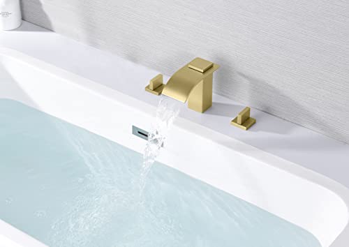 SUMERAIN Two Handle Roman Tub Faucet 3 Hole Waterfall Bathtub Faucet Brushed Gold with Valve - Image 4