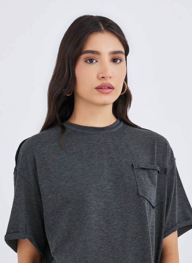 Take Two Grey Pocket Detail Oversized T-Shirt - Image 3