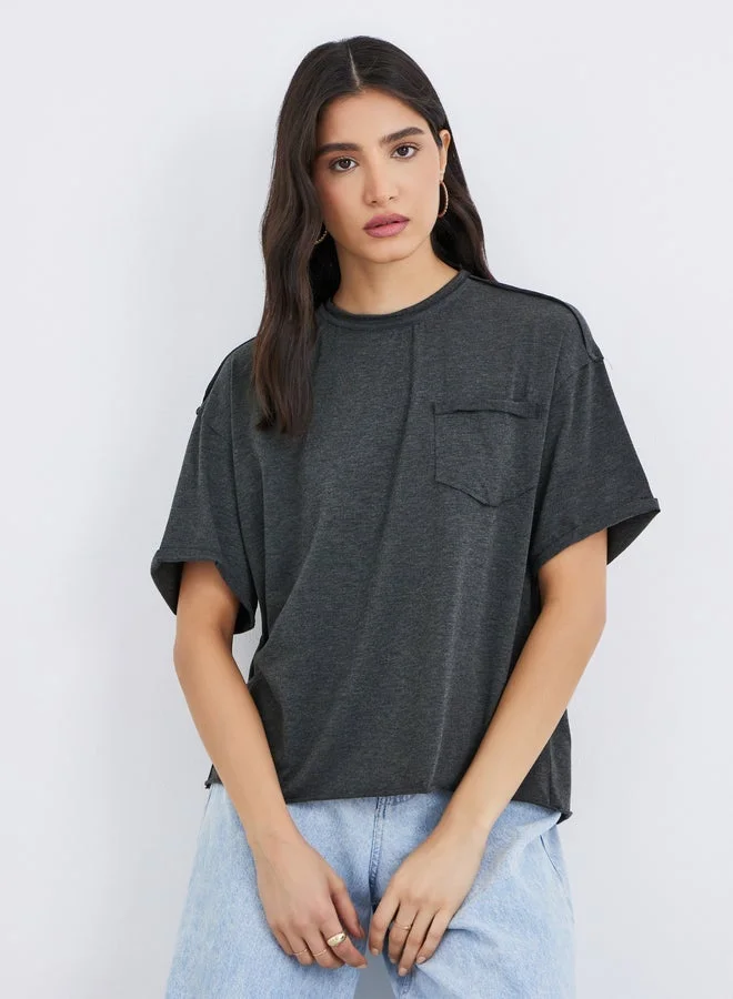 Take Two Grey Pocket Detail Oversized T-Shirt