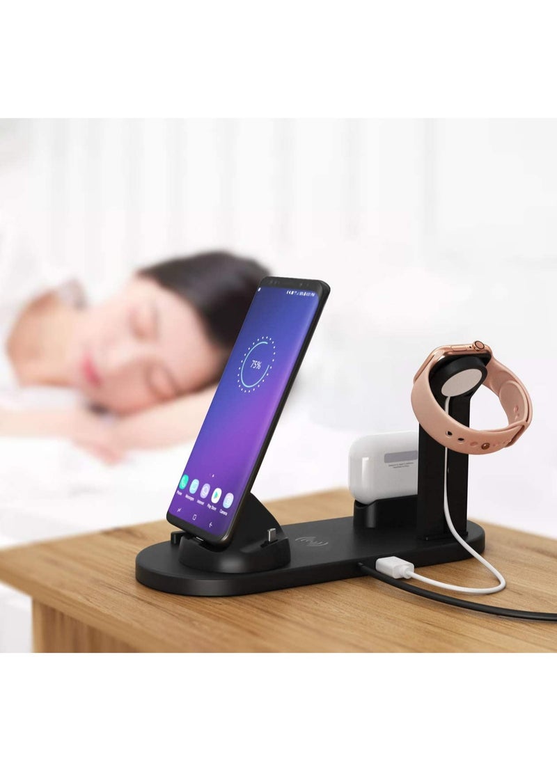 6-in-1 Wireless Charger, Fast Wireless Charging Station with 360° Rotatable Charger Dock for Apple Watch/AirPods/Pencil, iPhone Series/Micro/Type C Phones and Galaxy Series (Black) - Image 3