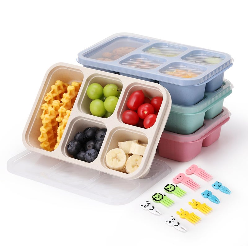 AIEVE 4 Pack Snack Box with Compartments Bento Lunch Box for Kids and Adults Divided Food Storage Container with 10 Animal Forks for Work School Picnic Travel