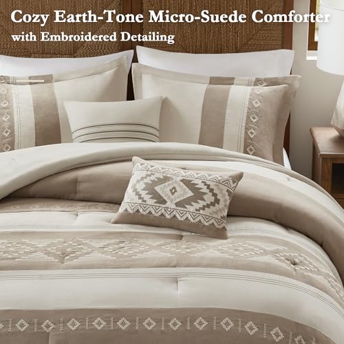 Woolrich John Rich & Bros. Woolrich Queen Comforter Set – Sutherland 5-Piece Microsuede Embroidered Bedding Set with Decorative Pillows, Taupe - Image 2