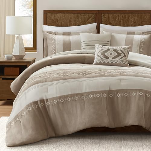 Woolrich John Rich & Bros. Woolrich Queen Comforter Set – Sutherland 5-Piece Microsuede Embroidered Bedding Set with Decorative Pillows, Taupe - Image 1