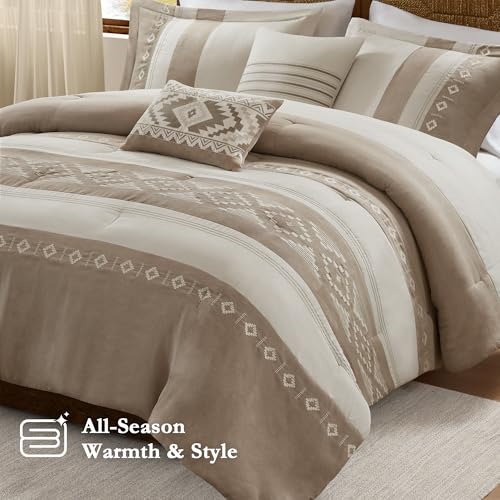 Woolrich John Rich & Bros. Woolrich Queen Comforter Set – Sutherland 5-Piece Microsuede Embroidered Bedding Set with Decorative Pillows, Taupe - Image 4