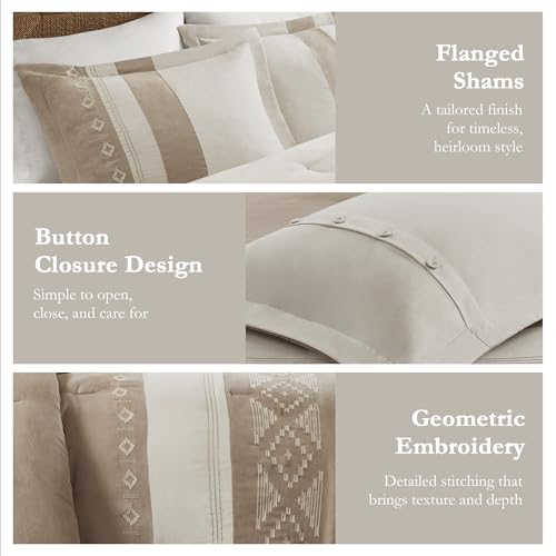 Woolrich John Rich & Bros. Woolrich Queen Comforter Set – Sutherland 5-Piece Microsuede Embroidered Bedding Set with Decorative Pillows, Taupe - Image 5
