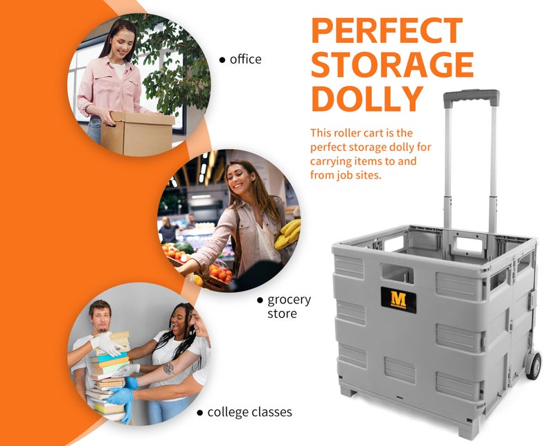 MaxWorks Collapsible Rolling Utility Cart with Lid 80 lb Capacity Folding Dolly with Telescoping Handle Heavy Duty Plastic Crate on Wheels for Shopping Office and Teachers (50876) - Image 3