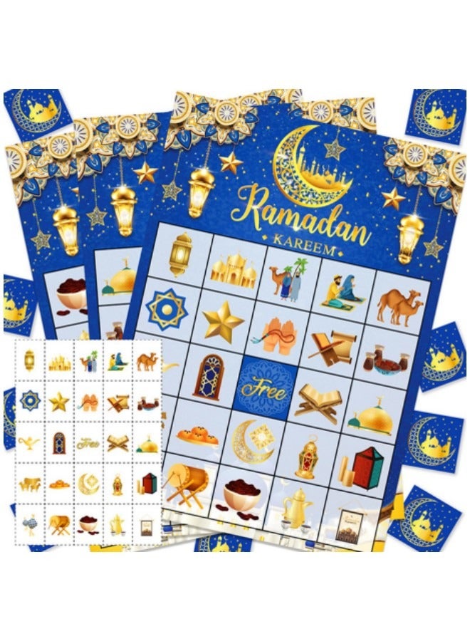 GGEROU Ramadan Bingo Game Cards Set for Ramadan Family Activities，Eid Ramadan Mubarak Bingo Game 24 Players Ramadan Bingo Cards Blue - Image 1