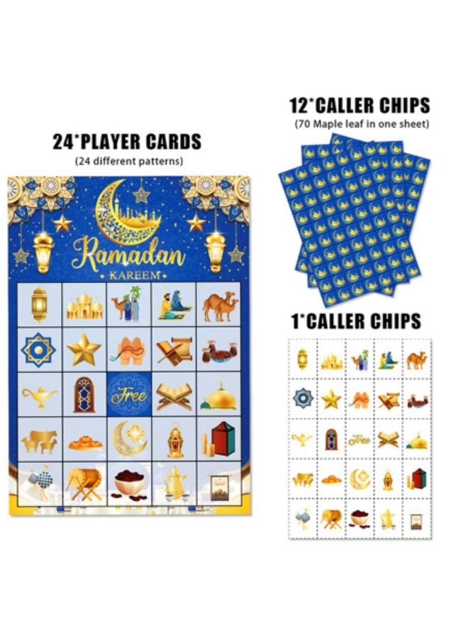 GGEROU Ramadan Bingo Game Cards Set for Ramadan Family Activities，Eid Ramadan Mubarak Bingo Game 24 Players Ramadan Bingo Cards Blue - Image 2
