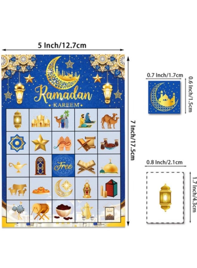 GGEROU Ramadan Bingo Game Cards Set for Ramadan Family Activities，Eid Ramadan Mubarak Bingo Game 24 Players Ramadan Bingo Cards Blue - Image 3