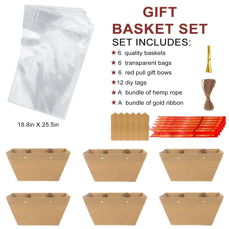 KEVTVEK Bigger Baskets for Gifts Empty, 6 Pack Sturdy Kraft Basket With Handles Gift Basket Kit, 6 Shrink Wrap Bags, 6 Bows and Hang Tag, Empty Gift Baskets to Fill for Easter Birthday Baby Shower - Image 2