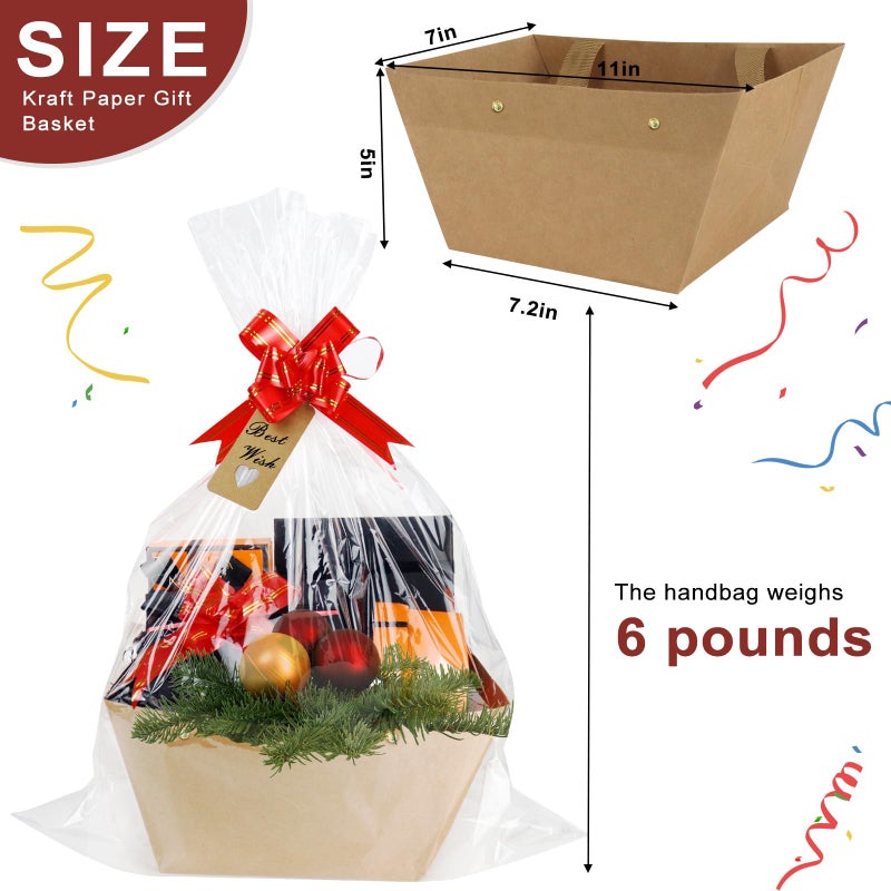 KEVTVEK Bigger Baskets for Gifts Empty, 6 Pack Sturdy Kraft Basket With Handles Gift Basket Kit, 6 Shrink Wrap Bags, 6 Bows and Hang Tag, Empty Gift Baskets to Fill for Easter Birthday Baby Shower - Image 4