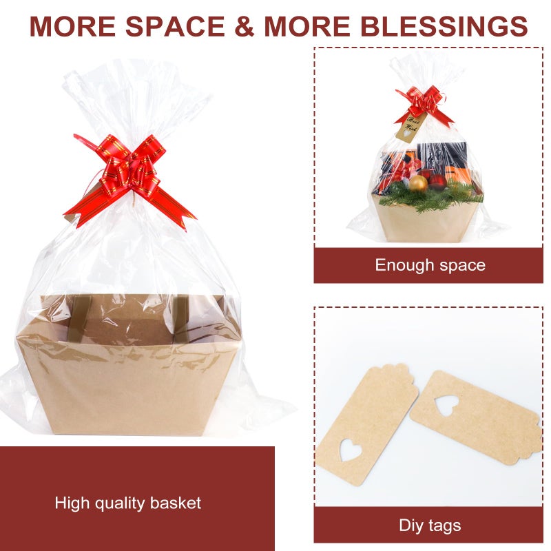 KEVTVEK Bigger Baskets for Gifts Empty, 6 Pack Sturdy Kraft Basket With Handles Gift Basket Kit, 6 Shrink Wrap Bags, 6 Bows and Hang Tag, Empty Gift Baskets to Fill for Easter Birthday Baby Shower - Image 3