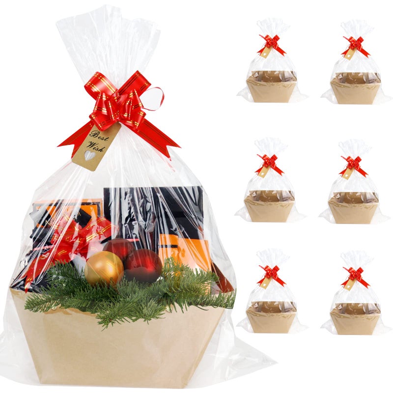 KEVTVEK Bigger Baskets for Gifts Empty, 6 Pack Sturdy Kraft Basket With Handles Gift Basket Kit, 6 Shrink Wrap Bags, 6 Bows and Hang Tag, Empty Gift Baskets to Fill for Easter Birthday Baby Shower - Image 1