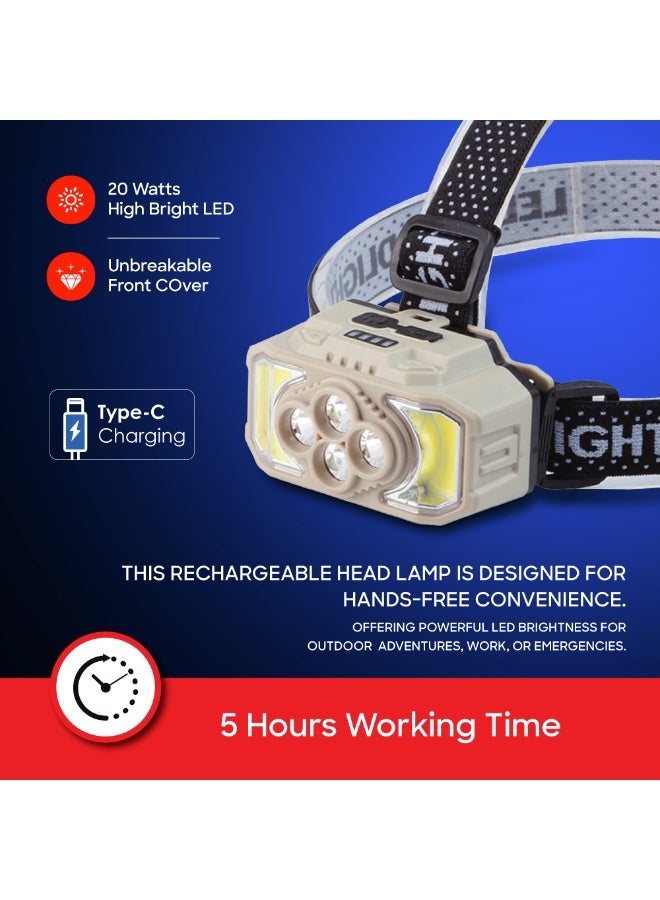 Sanford Rechargeable Headlamp, 500 Lumens, 20W High Power LED, 5000mAh, IP44 Waterproof, Type-C Charging, 6 Light Modes (Normal/Strong/Ultra Bright/Red/Flash), Up to 5 Hours Working - Image 3