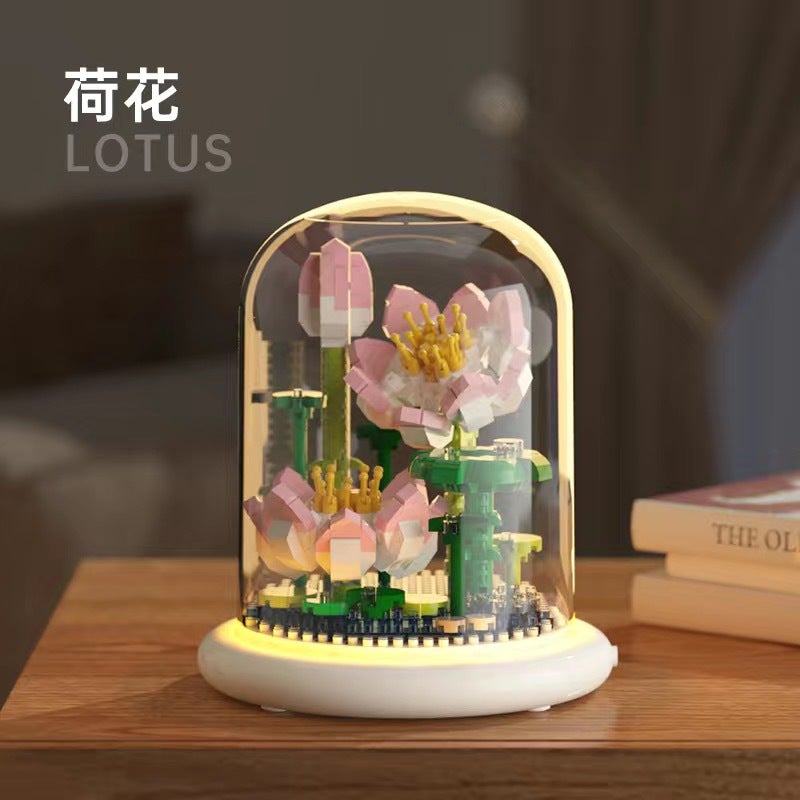 Generic DIY Flower Building Blocks Gift Set Lotus + dust cover + luminous base 