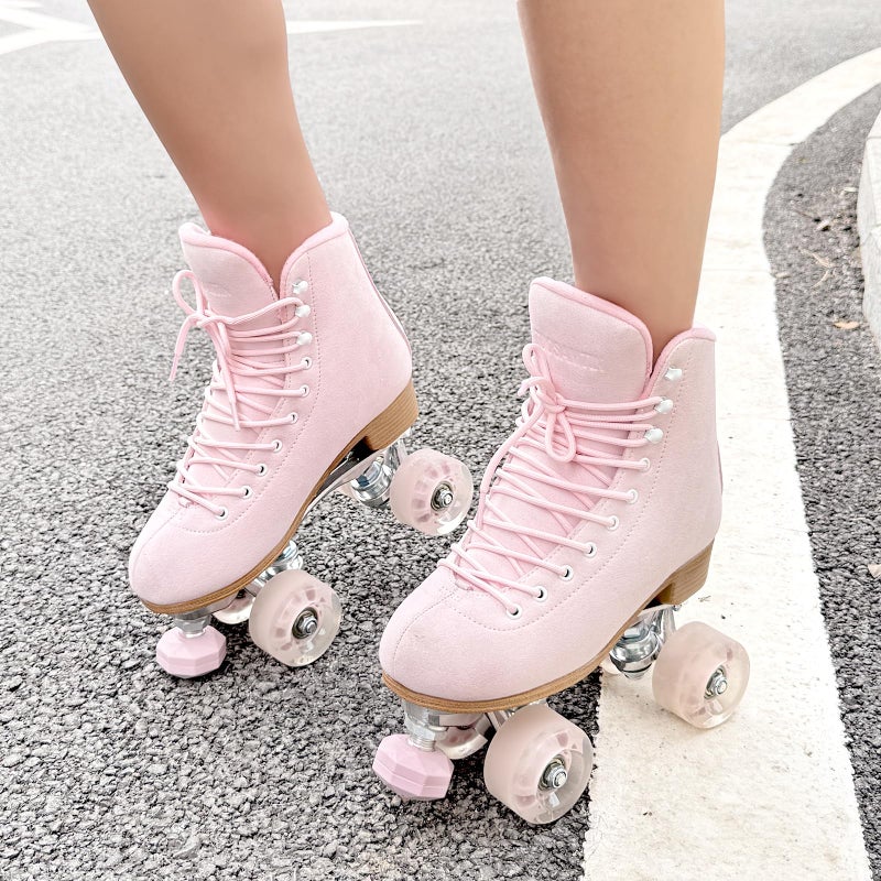 TUOSAMTIN Roller Skates for Women or Men with Height Adjustable Rubber Stoppers Retro Suede Quad Roller Skates for Outdoor and Indoor (Pink, 7) - Image 2