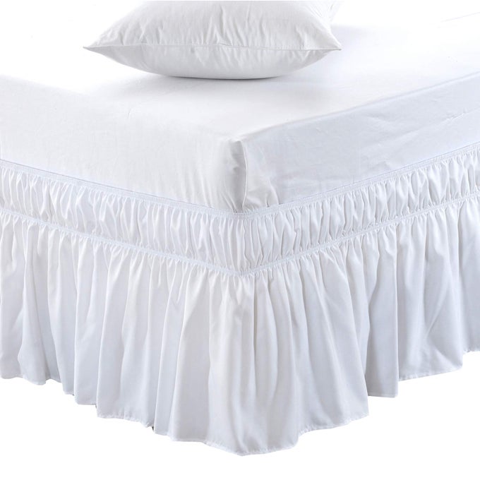 WRAP AROUND BED SKIRT THREE FABRIC SIDES ELASTIC DUST RUFFLED 16 INCH TAILORED DROPEASY TO INSTALL FADE RESISTANTWHITE QUEENKING