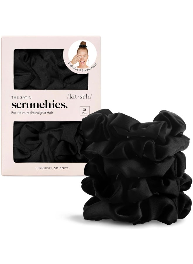 Kitsch Satin Scrunchies for Women - No Crease Hair Ties for Girls | Scrunchies For All Hair Types and Textures, Perfect for Day or Night - 5 Pcs, Black