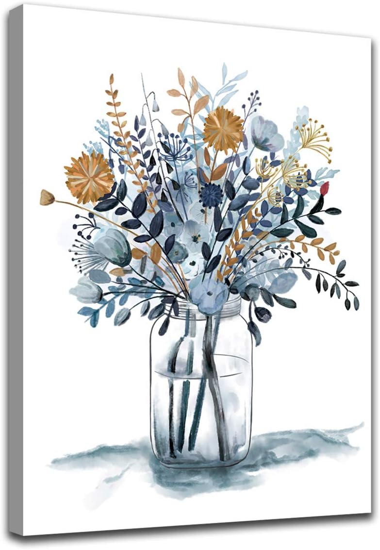 tigeridge Flowers Wall Art Watercolor Canvas Pictures Bathroom Bedroom Living Room Wall Decor Blue Canvas Picture Indigo Contemporary Botanic in Jar Canvas Artwork Framed Ready to Hang 20" x 28" - Image 1
