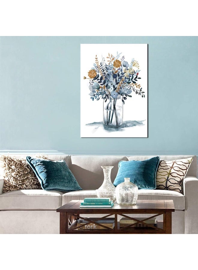 tigeridge Flowers Wall Art Watercolor Canvas Pictures Bathroom Bedroom Living Room Wall Decor Blue Canvas Picture Indigo Contemporary Botanic in Jar Canvas Artwork Framed Ready to Hang 20" x 28" - Image 3