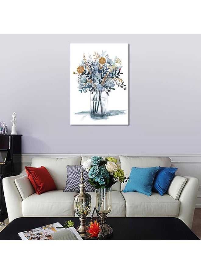 tigeridge Flowers Wall Art Watercolor Canvas Pictures Bathroom Bedroom Living Room Wall Decor Blue Canvas Picture Indigo Contemporary Botanic in Jar Canvas Artwork Framed Ready to Hang 20" x 28" - Image 2
