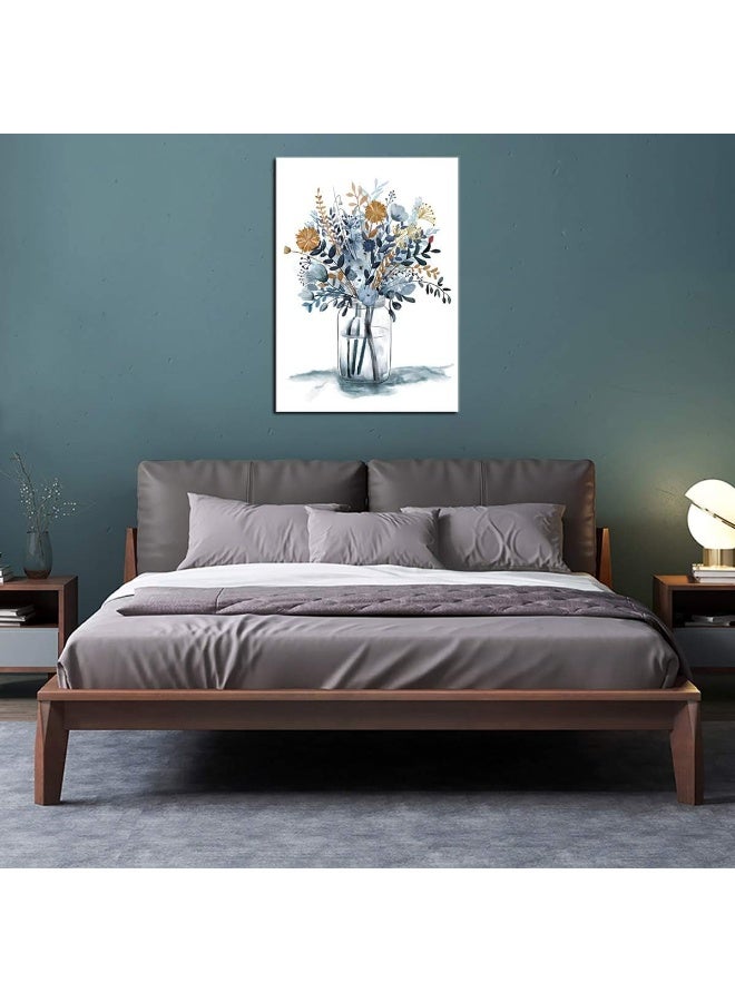 tigeridge Flowers Wall Art Watercolor Canvas Pictures Bathroom Bedroom Living Room Wall Decor Blue Canvas Picture Indigo Contemporary Botanic in Jar Canvas Artwork Framed Ready to Hang 20" x 28" - Image 4