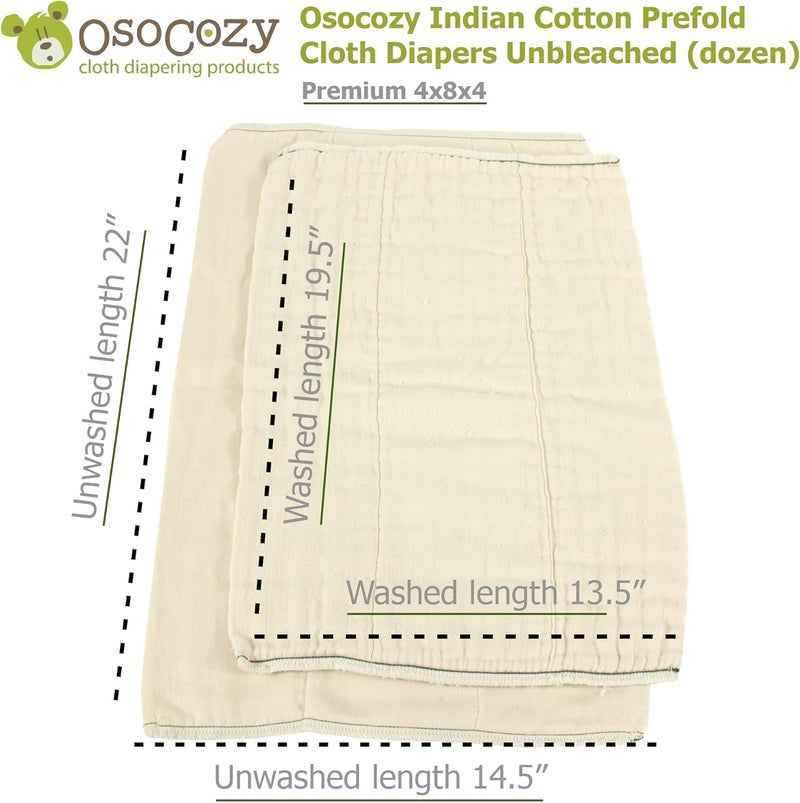OsoCozy Unbleached Prefold Cloth Diapers 100% Cotton, Durable, Soft, Absorbent, Sustainable & Economical - dims, Fits size range. - (Size) - Image 3