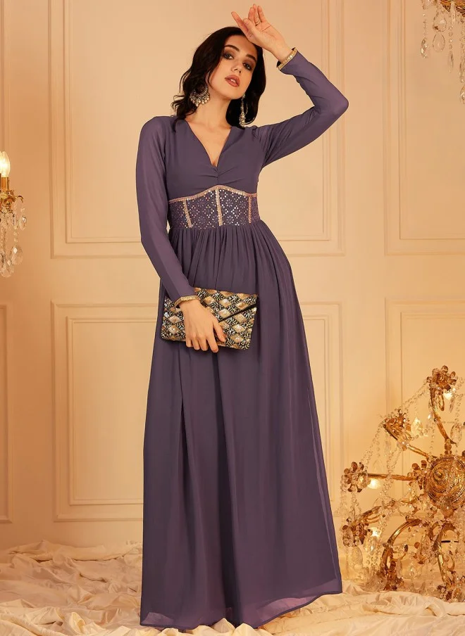 Indo Street Embellished Lavender Maxi Dress for Women