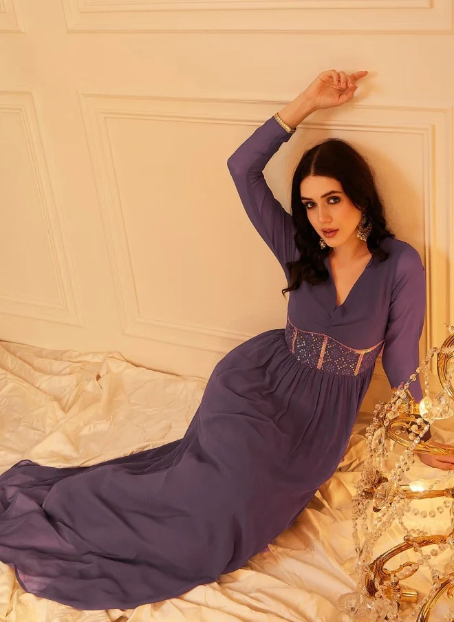 Indo Street Embellished Lavender Maxi Dress for Women