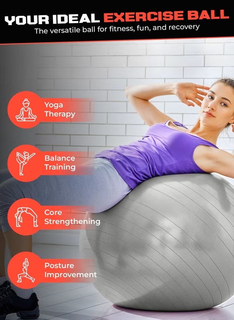 R&D Yoga Ball with Air Pump - Anti-Burst, Slip-Resistant Exercise Ball for Gym Pilates, Balance Training, Stability, and Pregnancy - Supports 125KG, Fitness Gym Equipment (Silver) - Image 2