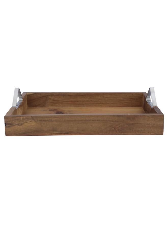 Alsaif Wooden Serving Tray With Stainless Steel Handle 43 X 32 X 5.5 Cm Large Rectangular Brown - Image 2