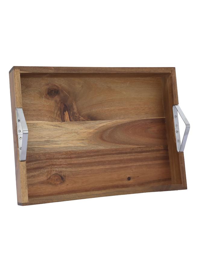 Alsaif Wooden Serving Tray With Stainless Steel Handle 43 X 32 X 5.5 Cm Large Rectangular Brown - Image 1